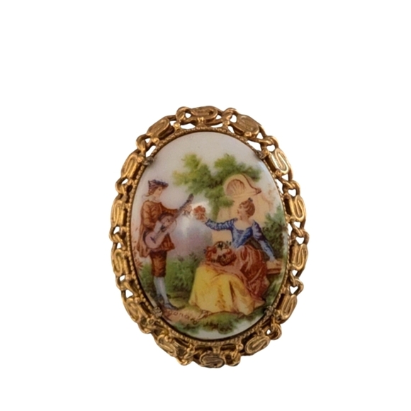 TRANSFERWARE Cameo Ornate Painted Oval Brooch Vintage French Serenade Pin Gold - Picture 3 of 9